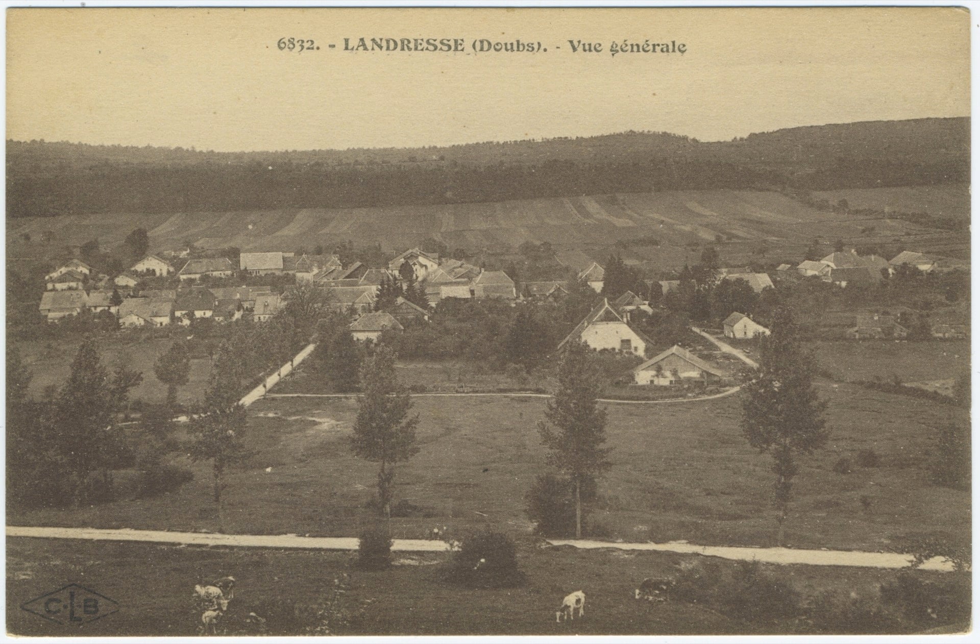 Carte postale ancienne en vue générale de Landresse (Doubs) avec le logo CLB dans un losange. Le village se détache sur un fond de collines boisées, avec des vaches au premier plan. Teinte générale sépia.