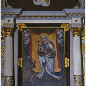 Photographie en couleur du retable de Notre-Dame de Consolation dans l'église de Landresse. Le tableau central montre la Vierge à l'Enfant encadrée de colonnes blanches et dorées et surmontée d'une sculpture de chérubin.