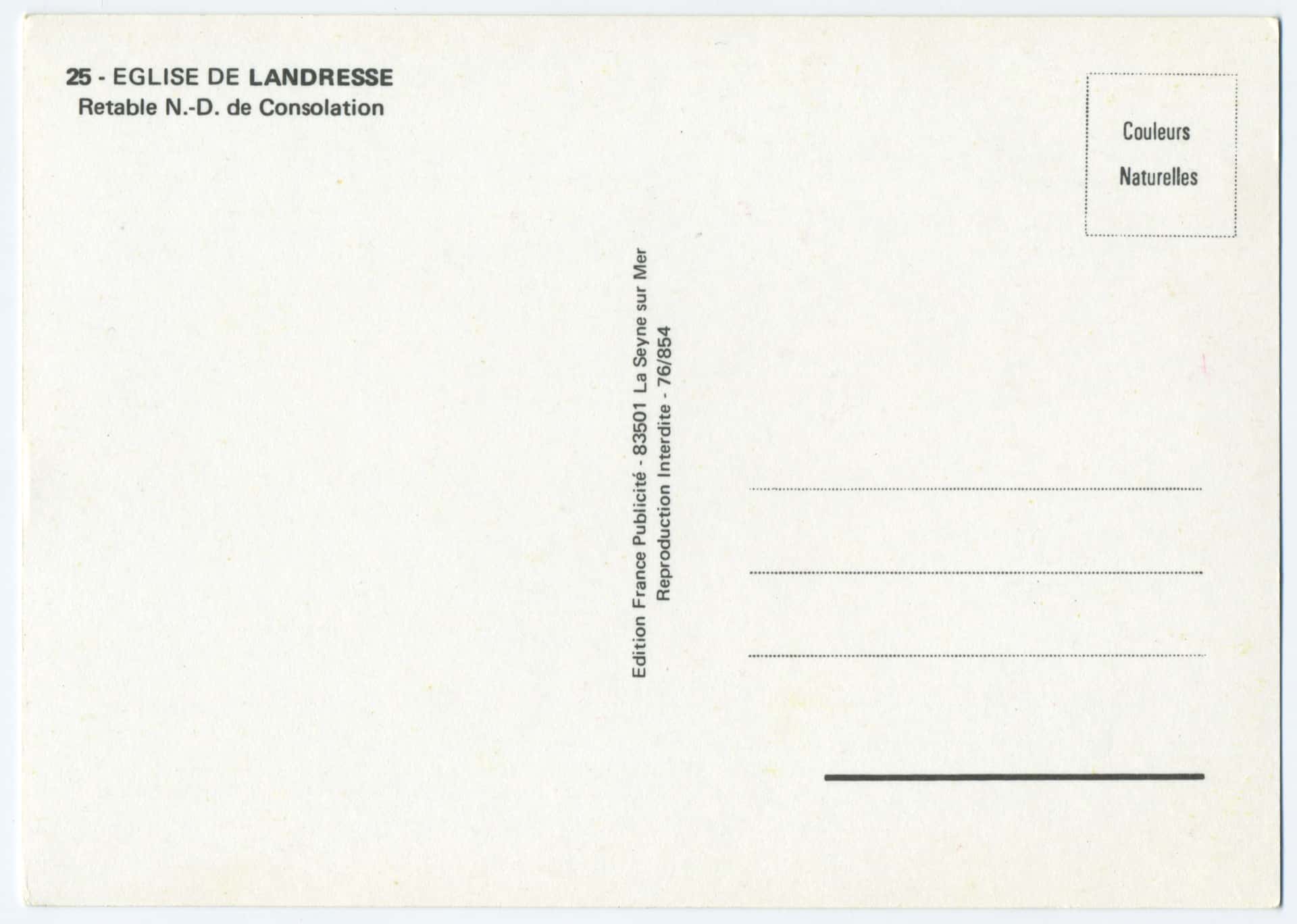 Verso vierge d'une carte postale moderne en couleur éditée par France Publicité à La Seyne-sur-Mer. Le texte imprimé en gris indique le titre de l'œuvre et un emplacement pour le timbre est dessiné en pointillés.