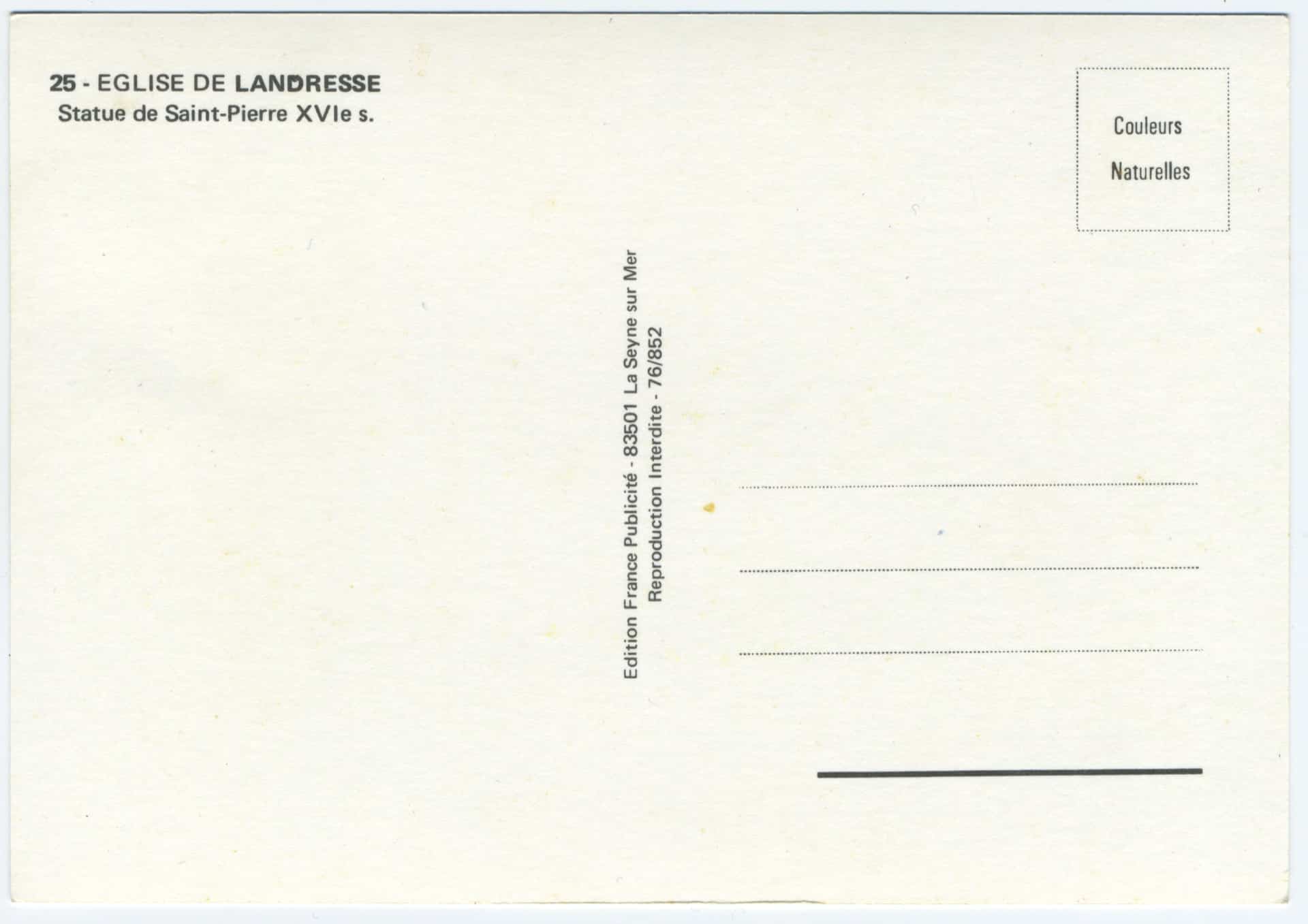 Verso vierge d'une carte postale moderne éditée par France Publicité à La Seyne-sur-Mer. Le texte indique la description de la statue de Saint-Pierre et l'emplacement du timbre porte la mention Couleurs Naturelles.