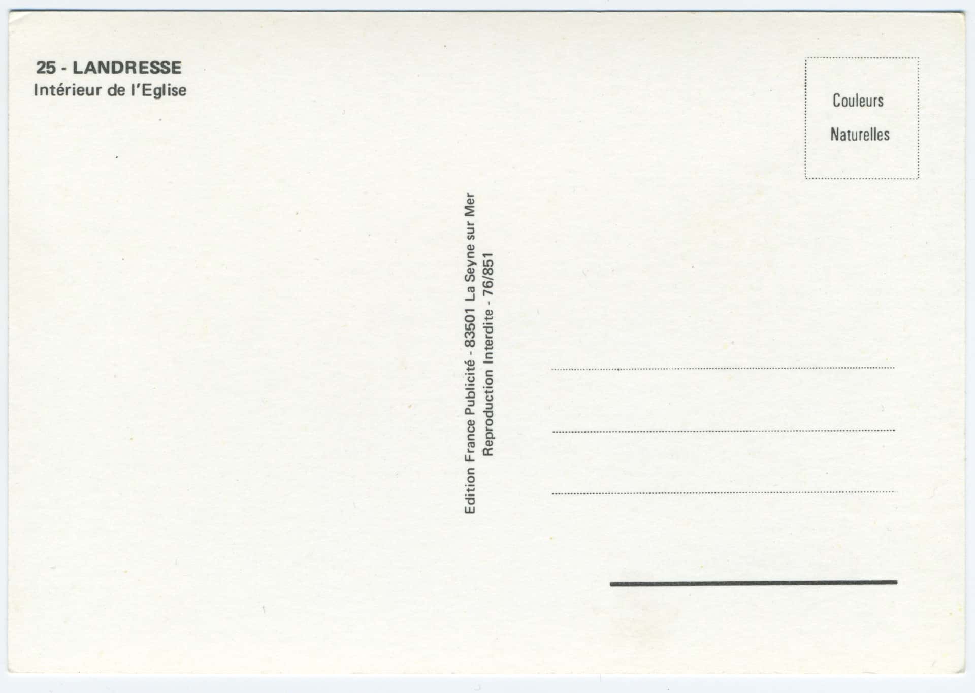 Verso vierge d'une carte postale moderne de l'éditeur France Publicité à La Seyne-sur-Mer. Le texte en haut à gauche indique l'intérieur de l'église de Landresse, avec l'encadré pour le timbre portant la mention Couleurs Naturelles.